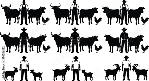 Farmer and farm animal silhouette illustration, black grid of livestock groups, agricultural diversity concept, rural occupation comparison design