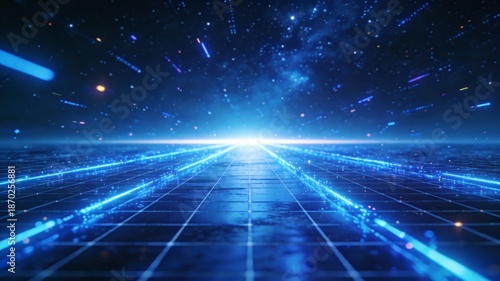 Futuristic digital grid with glowing neon light trails, cosmic stars, and abstract cyber space, evoking high-tech sci-fi innovation and data stream visualization.