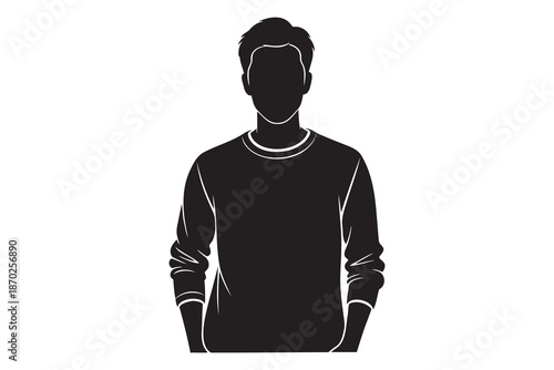 Black silhouette of a man wearing a longsleeved shirt standing with hands in pockets on white background