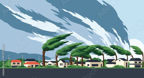 Powerful typhoon with strong winds and heavy rain hitting a small town, bending trees and threatening houses.