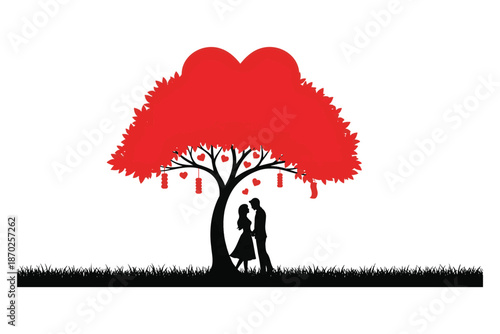 Couple kissing under heart shaped tree with grass and hearts  romantic love illustration