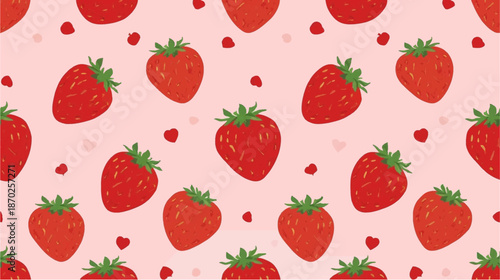 A seamless pattern of ripe red strawberries and small hearts on a soft pink background, perfect for sweet and charming designs.