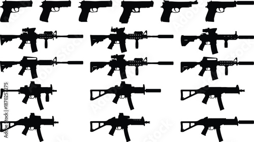 Firearm silhouette grid illustration, black weapon design, handguns and rifles, tactical gun shapes, military gear concept, comparison layout