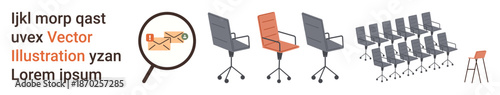 Workplace design, furniture arrangements, magnification, business tools, interior concepts, workplace illustrations. A magnifying glass highlights a chair, alongside multiple office chairs. Workplace