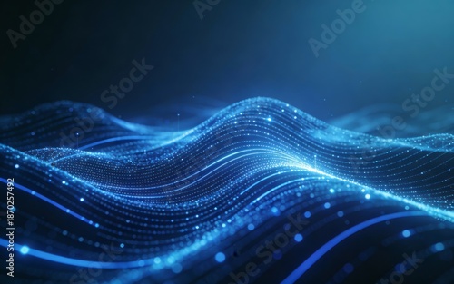 Abstract digital waves with particles and light, representing futuristic technology, data flow, and network connectivity in a modern, blue-toned visual design.