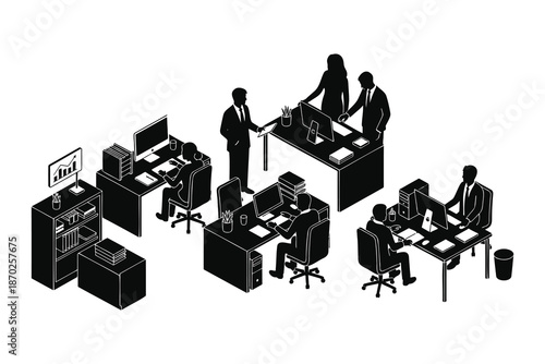 Isometric illustration of people working in an office with desks and computers  business professionals collaborating and sitting at workstations