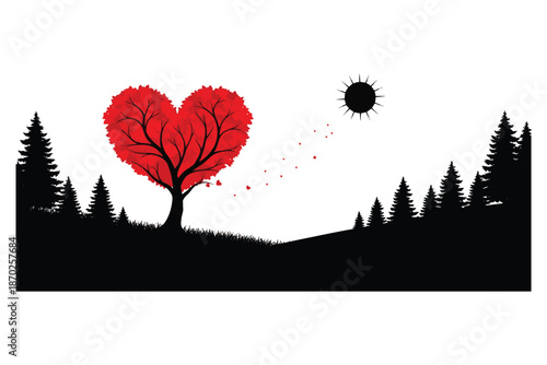 heart shaped tree with red leaves and black silhouette of forest and sun on white background