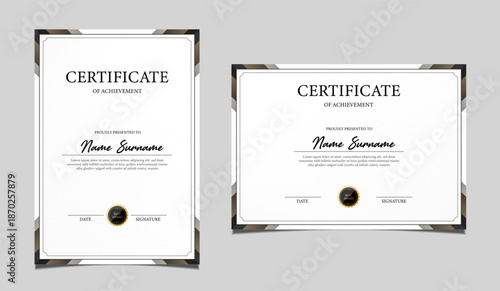 Elegant certificate of achievement set in vertical and horizontal layout, classic black and gold border design, professional award template for business, corporate, education and formal recognition.