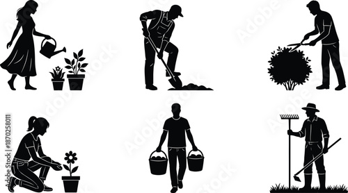 Gardening people silhouette set, watering planting digging trimming carrying tools, outdoor yard work activities, black vector illustration