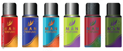 A vibrant collection of men's perfume bottles in various colors for masculine fragrance