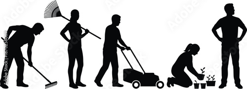 Gardening people silhouettes collection, yard work activities scenes, raking mowing planting teamwork concepts, black vector illustration set