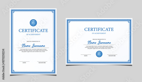 Elegant certificate of achievement set in vertical and horizontal layout, classic blue and gold border design, professional award template for business, corporate, education and formal recognition.