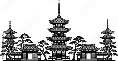 Japanese pagoda temple silhouettes, traditional Asian architecture, zen garden buildings, historic shrine landscape, cultural heritage illustration, oriental skyline artwork