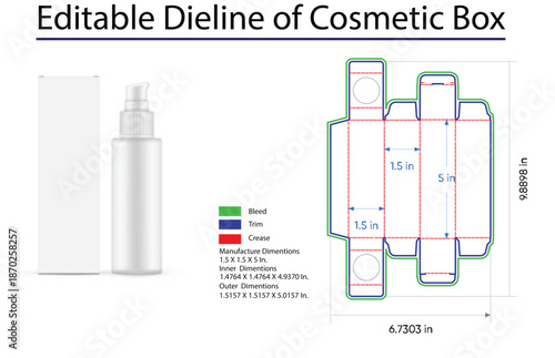 Editable Dieline of Cosmetic Box with Dimensions and Bottle