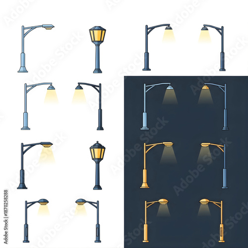 Diverse collection of stylized streetlights and lampposts, some illuminated, depicted against light and dark backgrounds.