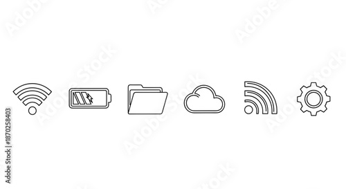 Black and white line icons of various technology and internet symbols