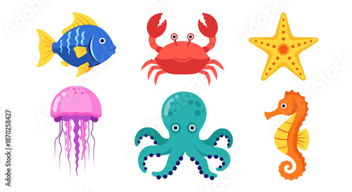 Colorful cartoon sea creatures on including fish crab starfish jellyfish octopus and seahorse