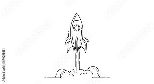A black and white line drawing of a rocket ship taking off into the air with clouds