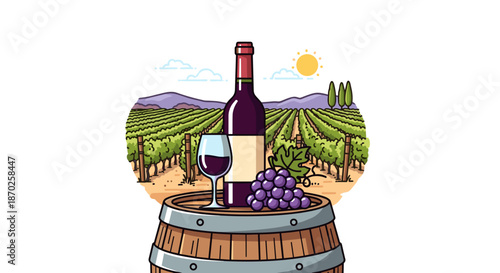 A bottle of wine and a glass on a barrel in a vineyard with grapes and sunny landscape