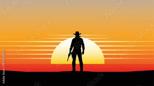 Silhouette of a cowboy standing with a gun at sunset.