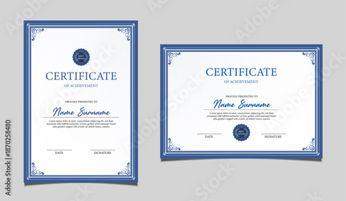 Elegant certificate of achievement set in vertical and horizontal layout, classic blue and gold border design, professional award template for business, corporate, education and formal recognition.