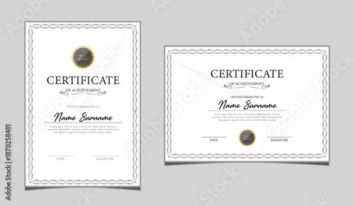Elegant certificate of achievement set in vertical and horizontal layout, classic black and gold border design, professional award template for business, corporate, education and formal recognition.