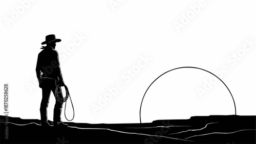 Silhouette cowboy with lasso standing on a hill at sunset.