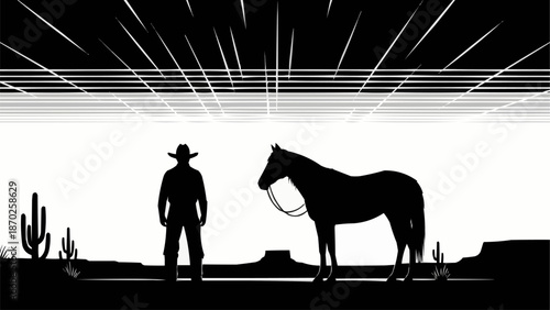 Silhouette Cowboy Standing Next to Horse in Desert Landscape.