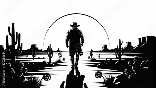 Silhouette cowboy walking in the desert at sunset.