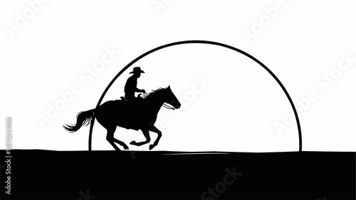 Silhouette of a cowboy riding a horse at sunset.