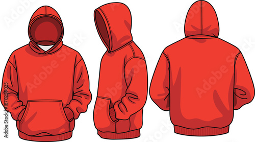 Red hoodie sweatshirt vector illustration showing front side back views casual streetwear apparel mockup design for fashion branding use template