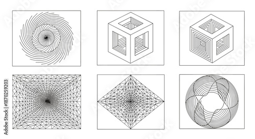 Black and white line art geometric shapes and patterns set