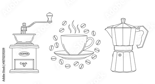 Coffee maker, cup and coffee beans on a saucer illustration set