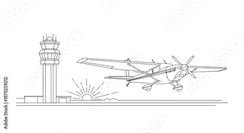 Vintage airplane flying near airport control tower at sunrise