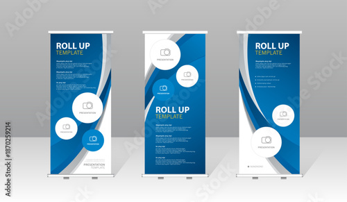 Modern roll up banner template set with blue abstract design, professional presentation stand for business, corporate marketing, exhibition, trade show and advertising display.