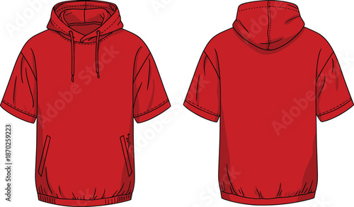 Red short sleeve hoodie front and back view vector illustration for fashion apparel mockup template branding print merchandising design retail