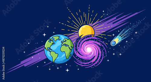 Vibrant illustration of the earth sun and comet in outer space with purple streaks and stars