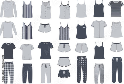 A collection of various pajamas sleepwear tops shorts and long pants in grey and dark grey tones