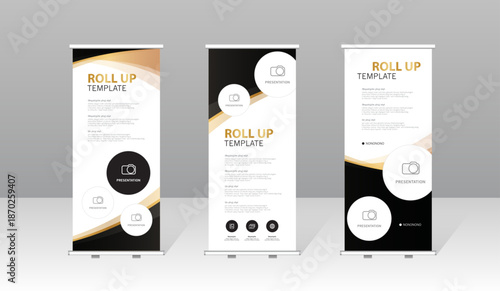 Modern roll up banner template set with black abstract design, professional presentation stand for business, corporate marketing, exhibition, trade show and advertising display.