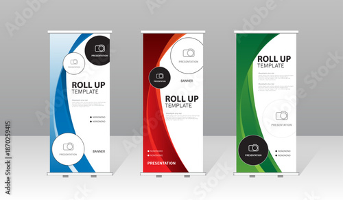 Modern roll up banner template set with blue, red and green abstract design, professional presentation stand for business, corporate marketing, exhibition, trade show and advertising display.