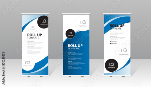 Modern roll up banner template set with blue abstract design, professional presentation stand for business, corporate marketing, exhibition, trade show and advertising display.