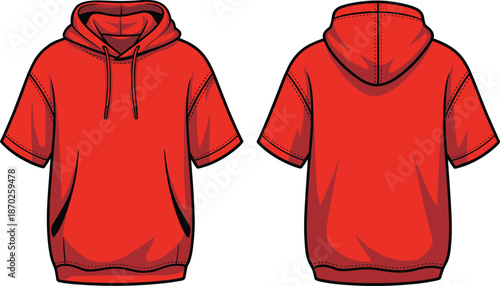 Red short sleeve hoodie front and back view vector illustration for modern fashion apparel mockup template design branding print merchandising