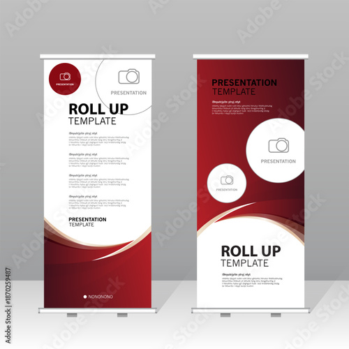 Modern roll up banner template set with red abstract design, professional presentation stand for business, corporate marketing, exhibition, trade show and advertising display.