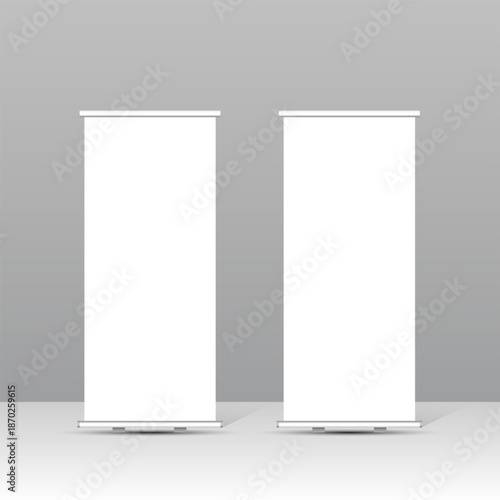 Blank roll up banner stand mockup set with clean white background, minimal vertical display for business, corporate marketing, exhibition, trade show and advertising presentation.