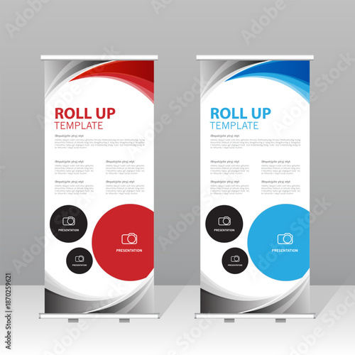 Modern roll up banner template set with red and blue abstract design, professional presentation stand for business, corporate marketing, exhibition, trade show and advertising display.