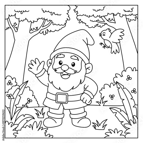 coloring page of friendly dwarf cartoon waving in the forest