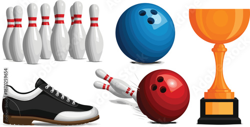 Bowling Sport Vector Set with Balls, Pins, Trophy Cup, and Shoes for Bowling Alley, Competition, Training, and Recreation Design Illustrations