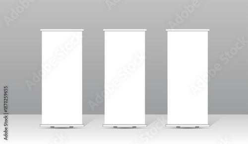 Blank roll up banner stand mockup set with clean white background, minimal vertical display for business, corporate marketing, exhibition, trade show and advertising presentation.