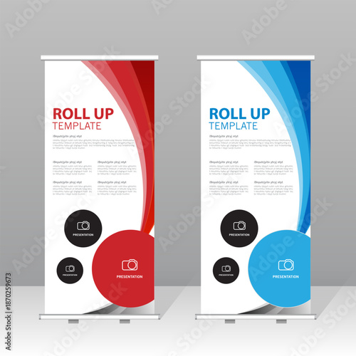 Modern roll up banner template set with red and blue abstract design, professional presentation stand for business, corporate marketing, exhibition, trade show and advertising display.