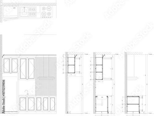 Small Home Pantry Design with Section Drawing Showing Internal Cabinet Shelves and Sink